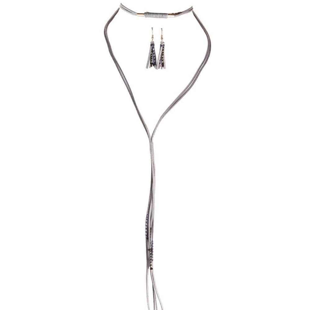 Grey Sueded Layered High Low Choker Necklace Set